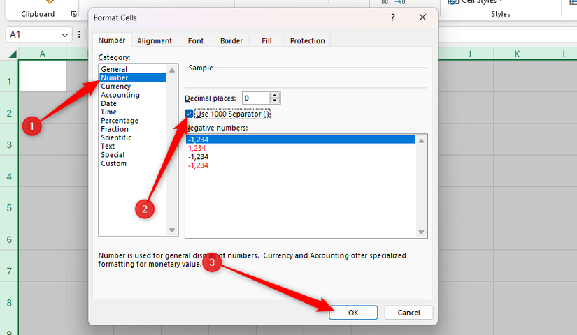 The thousands separator checkbox is checked in the Number category of Excel's Format Cells dialog box.