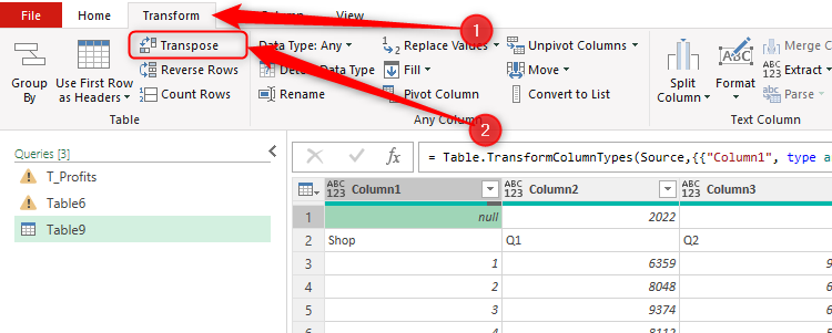 The Transpose button in the Transform tab of Excel's Power Query Editor.