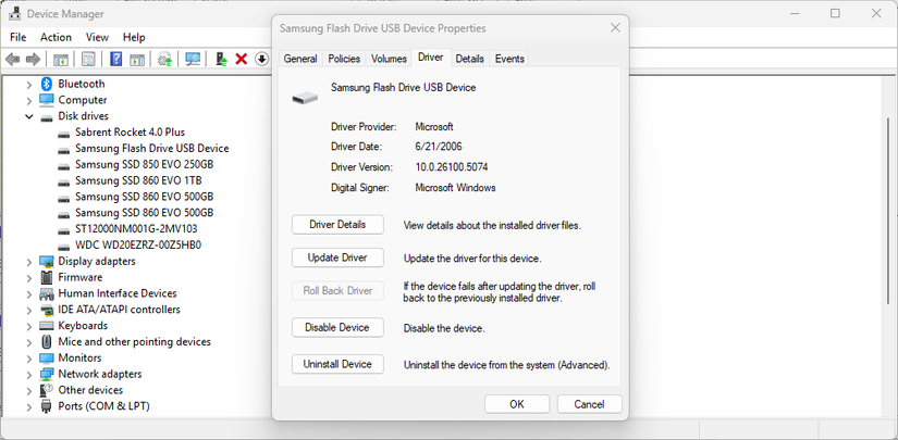 The USB Device Properties windows on the Driver tab.