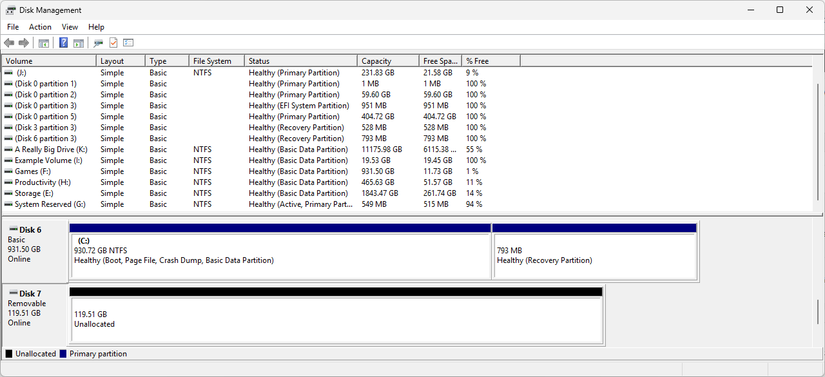 The USB drive visible in Disk Management.