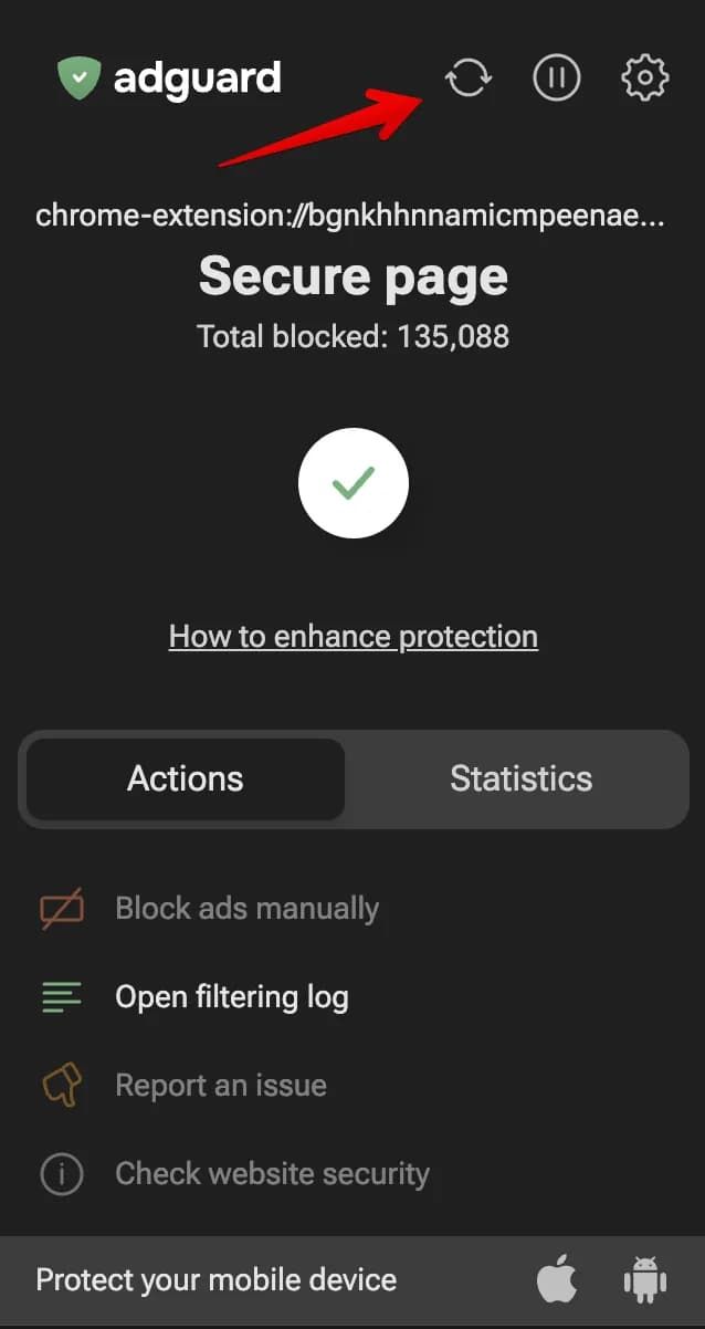 The user looking at a mobile device version of AdGuard with an arrow pointing at the refresh button