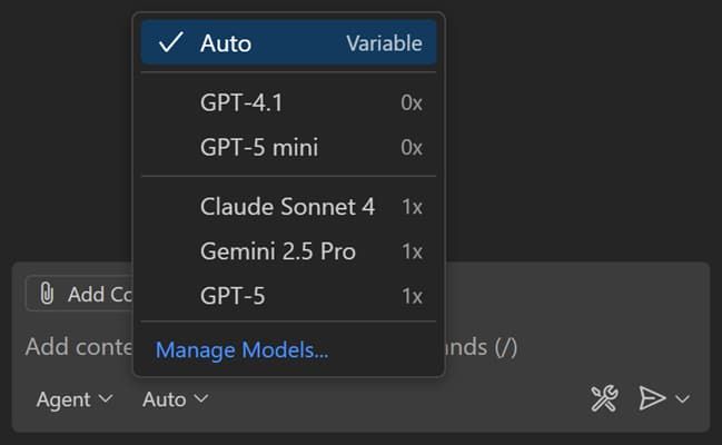 The Visual Studio model dropdown showing what the user can use and the auto button pressed