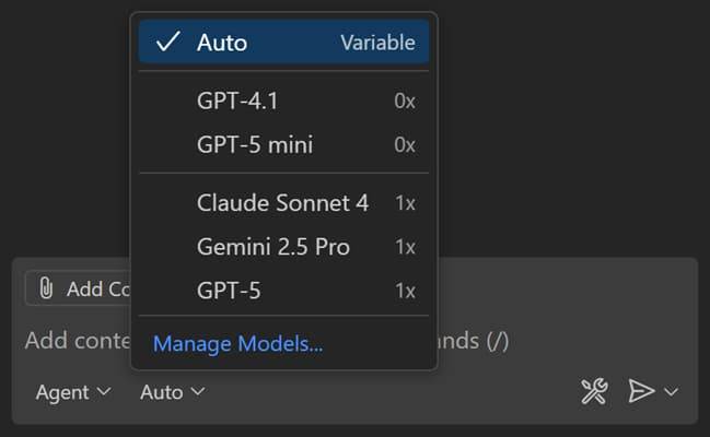 The Visual Studio model dropdown showing what the user can use and the auto button pressed