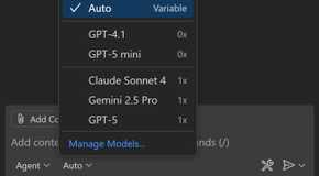 The Visual Studio model dropdown showing what the user can use and the auto button pressed