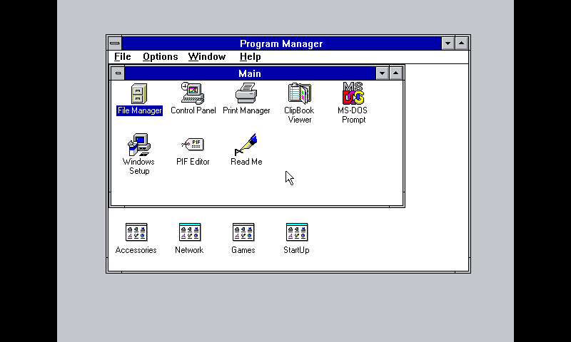 The Windows 3.11 Desktop under DOSBOX on a Raspberry Pi.
