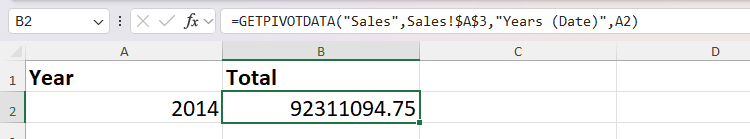 The year for the GETPIVOTDATA function in Microsoft Excel is generated by a reference to cell A2.