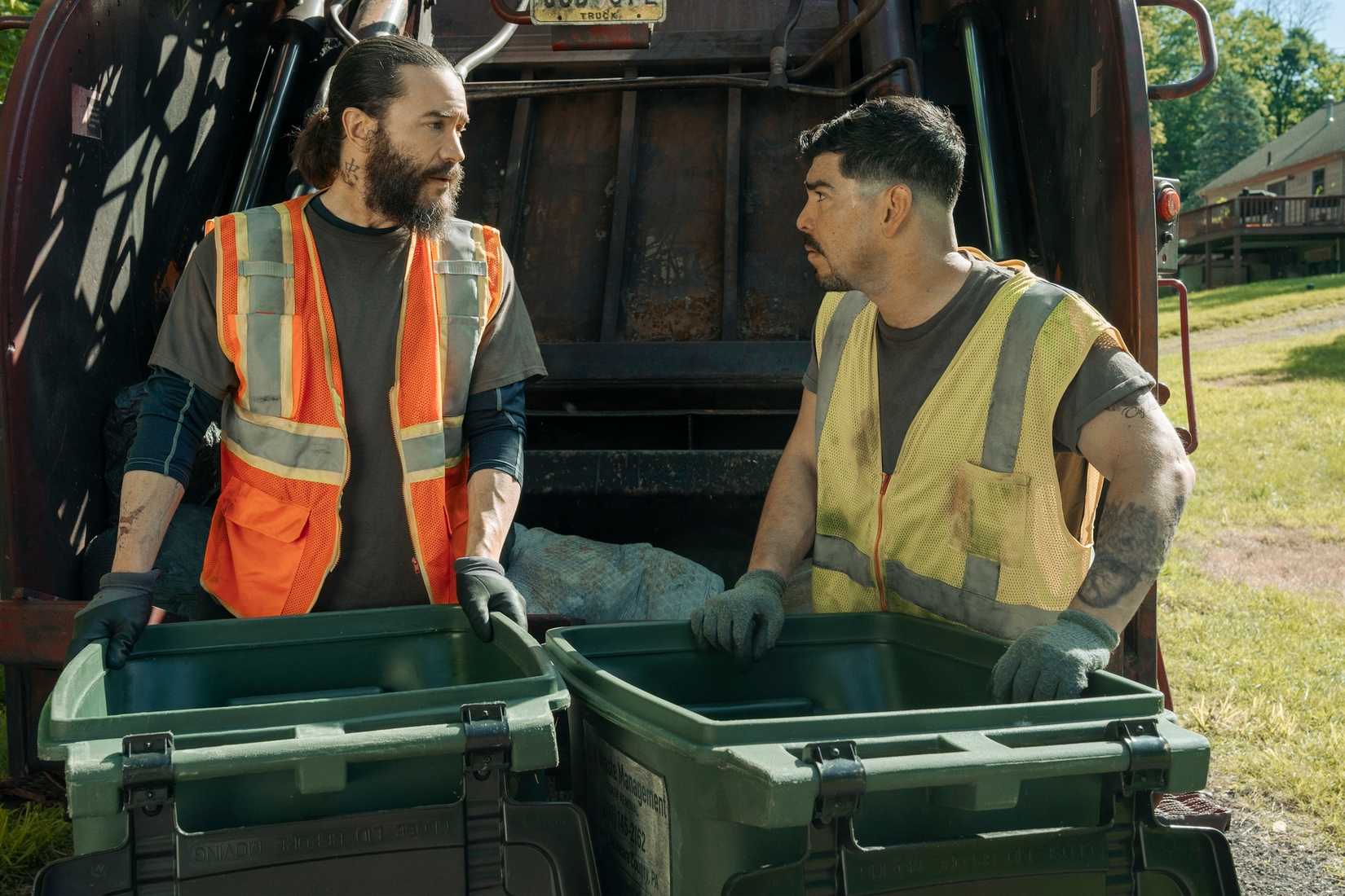 Tom Pelphrey and Raúl Castillo as garbage men in Task.