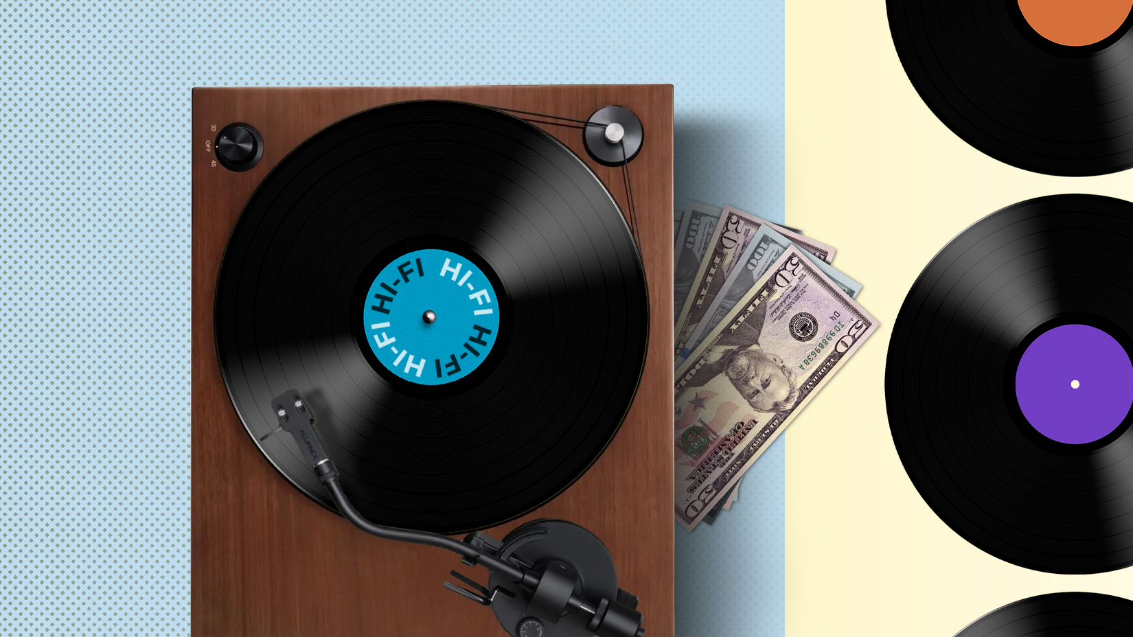 Top view of a wooden turntable playing a vinyl record, with dollar bills tucked underneath.