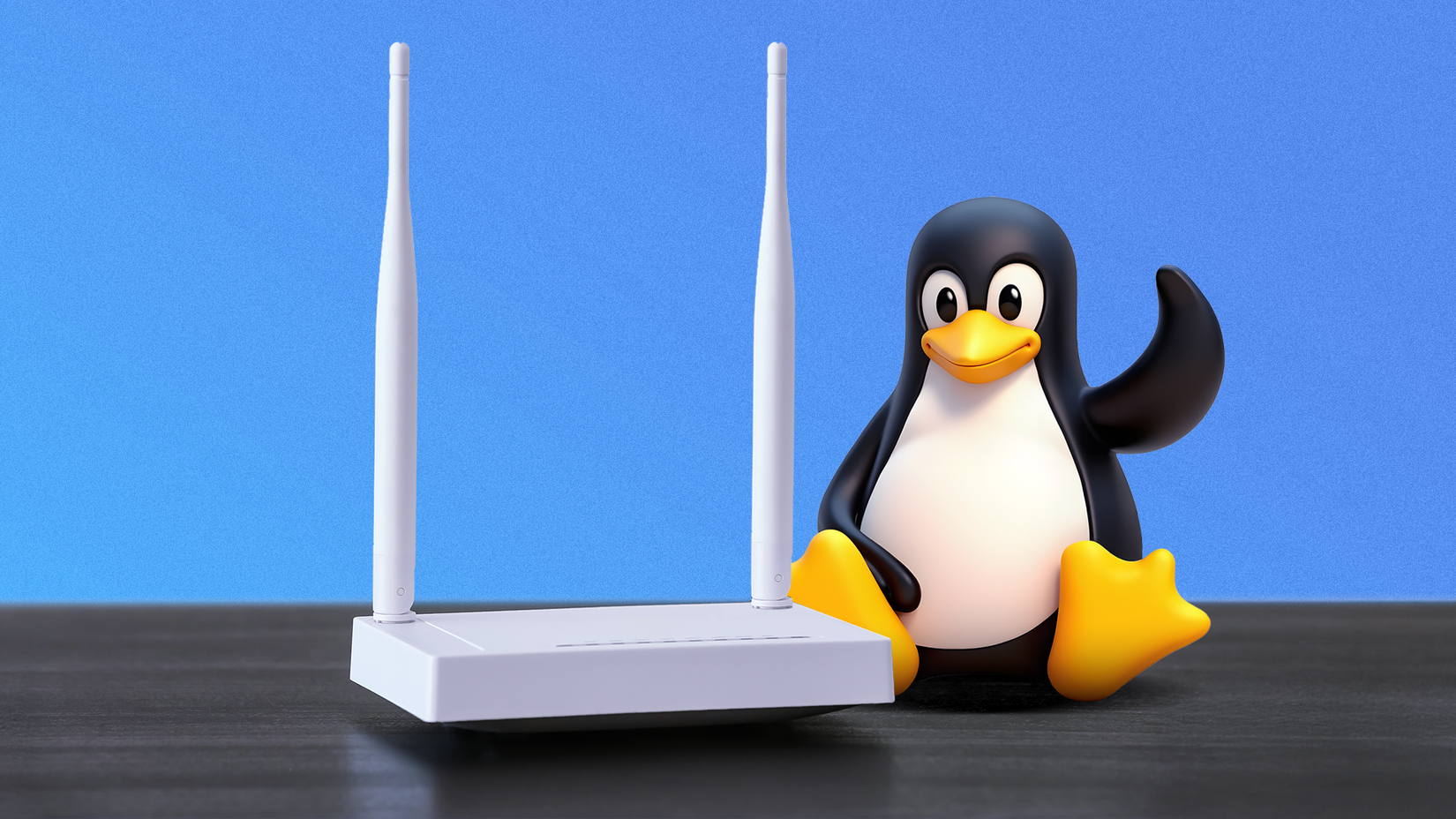 Tux, o mascote do Linux, sentado ao lado de um roteador Wi-Fi.