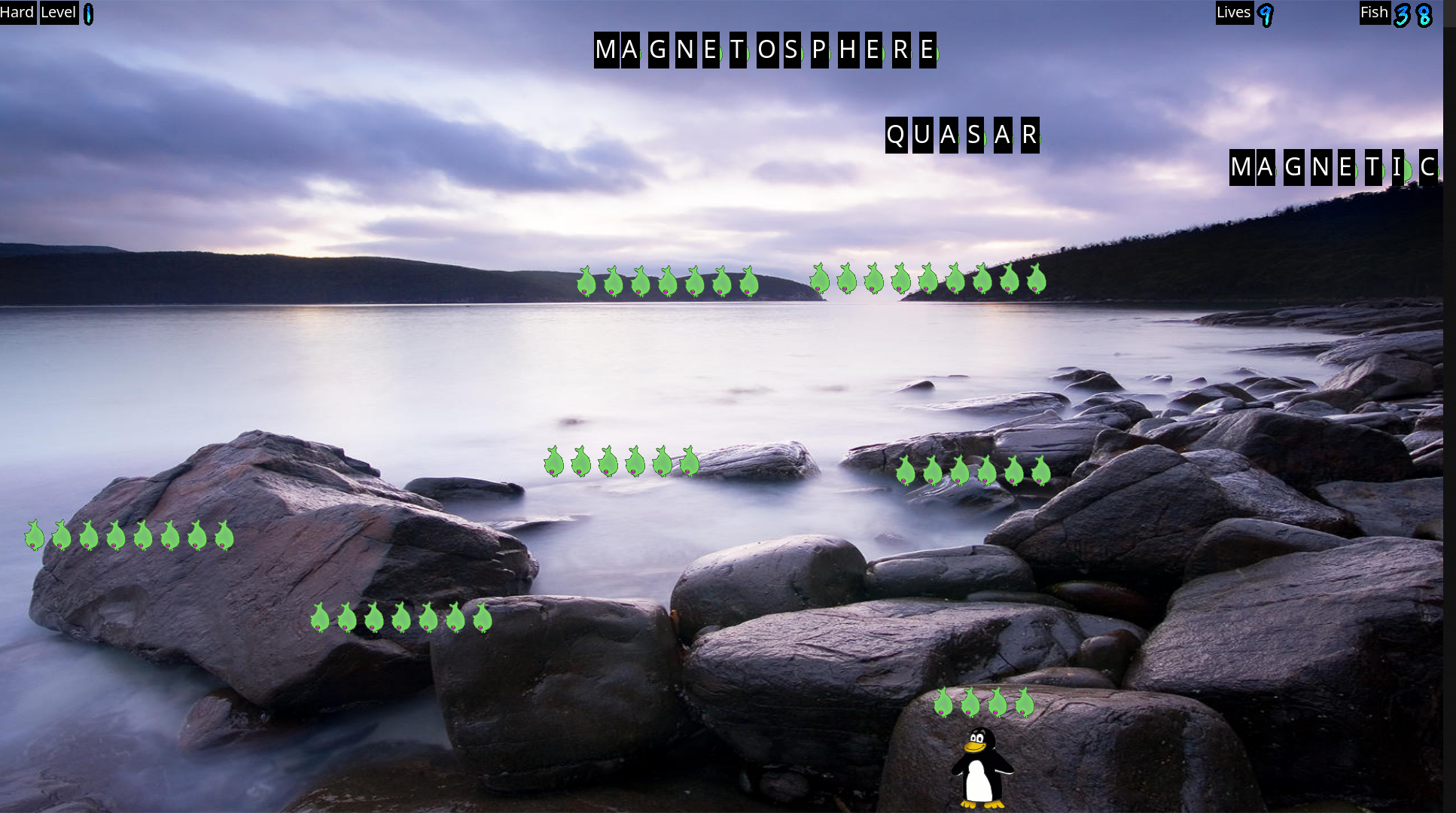 tux typing in game visuals with words falling down the sky