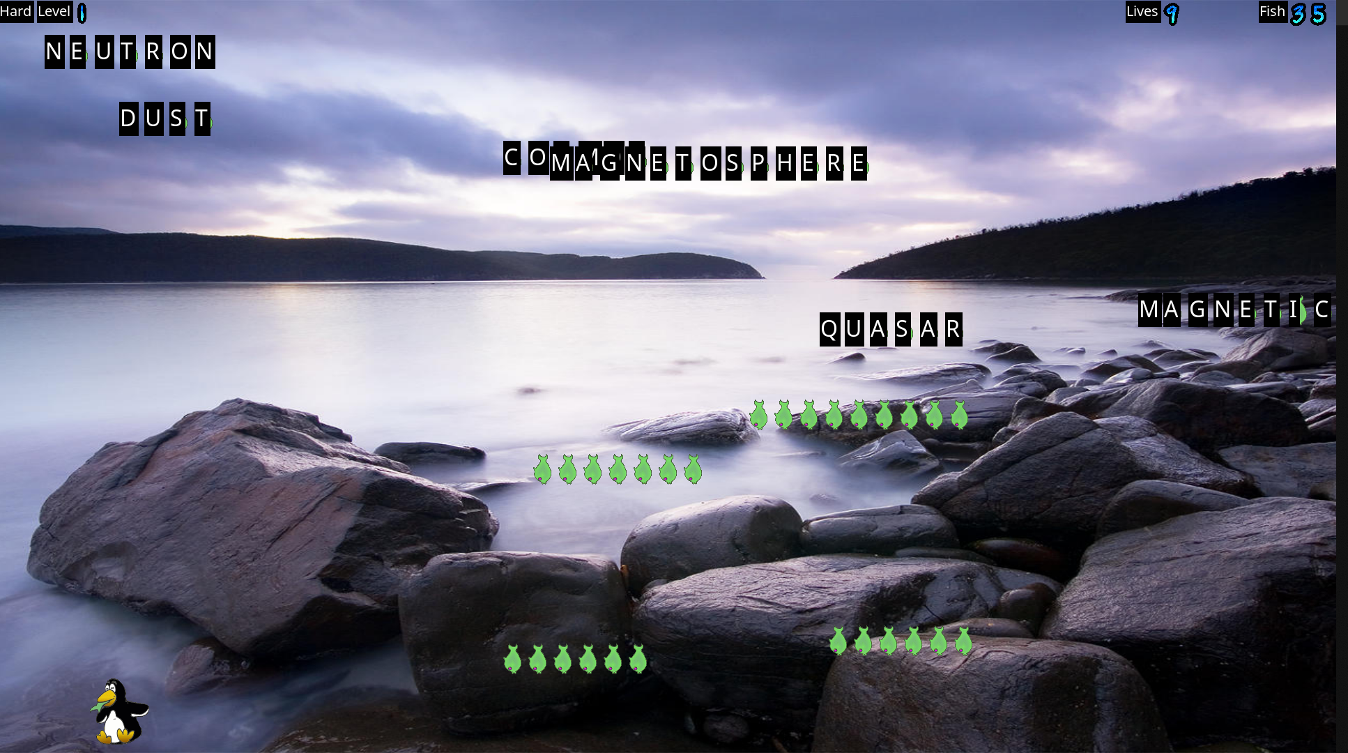 tux typing in game visuals with words falling down
