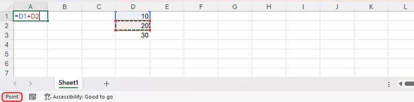 Duas células são selecionadas em uma fórmula do Excel, com o modo de ponto ativado.