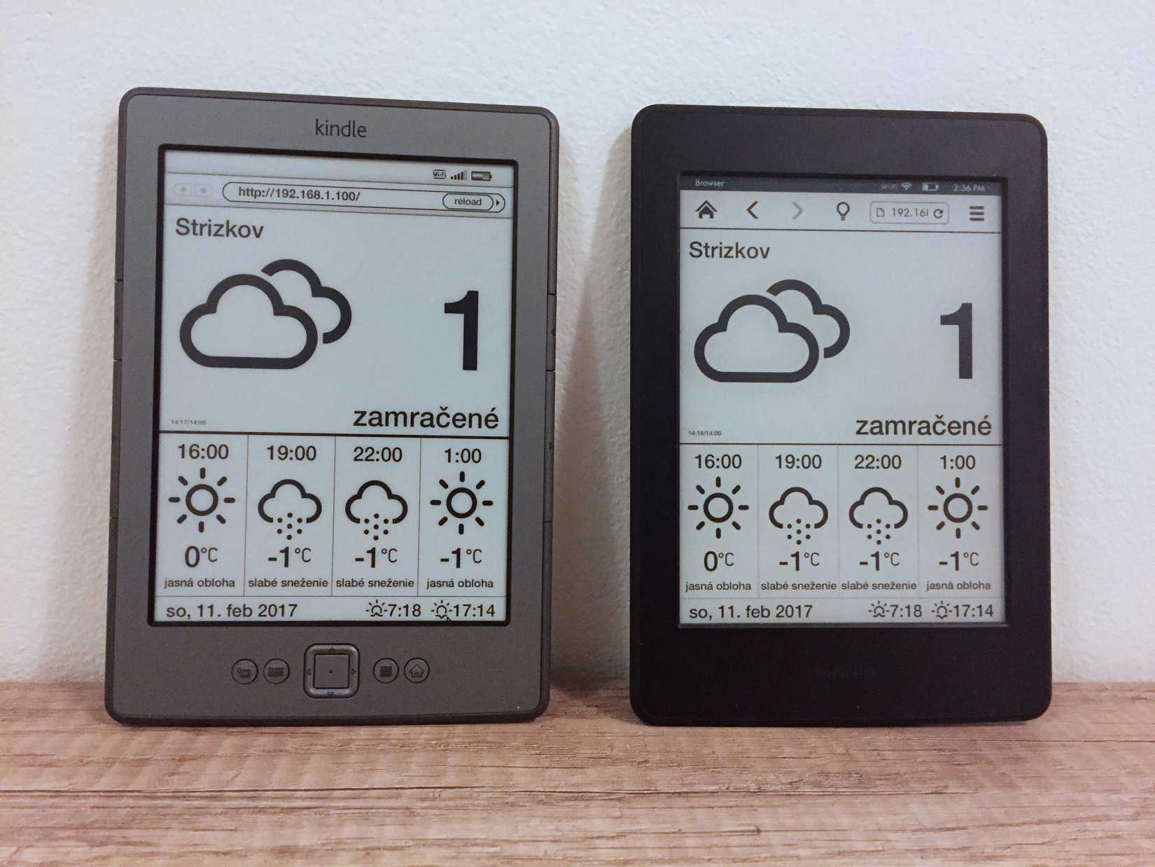 Two Kindles showing the weather.