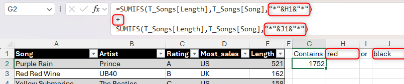 Two SUMIFS formulas in Excel are added together to produce an overall formula that applies 'OR' logic.
