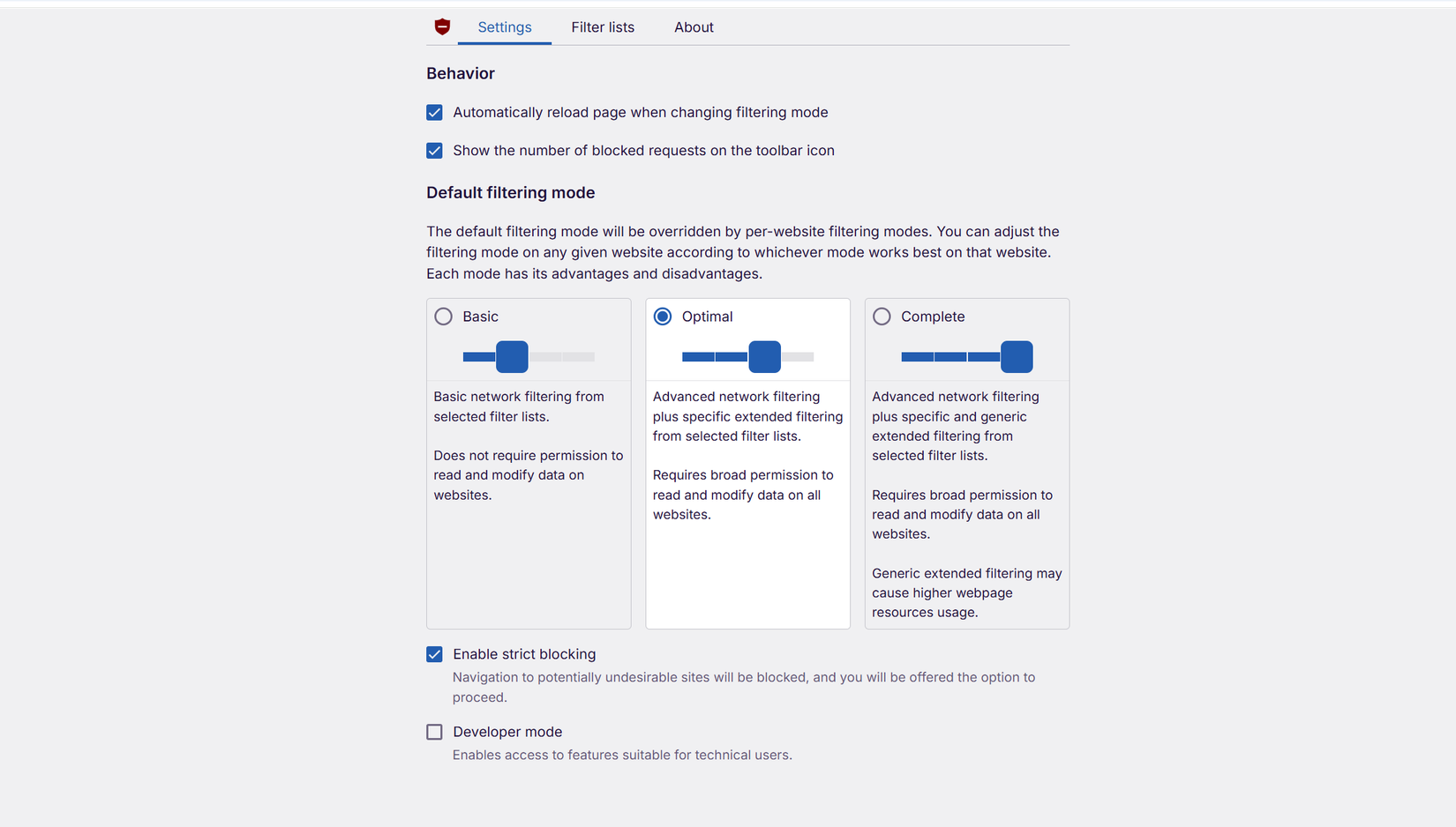 A screenshot of the uBlock Origin Lite settings page.