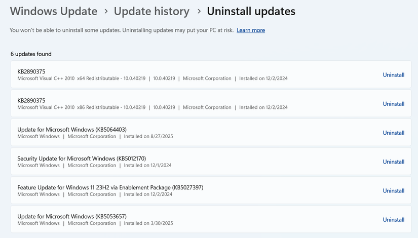 Desinstalação de atualizações problemáticas do aplicativo Windows Settings.