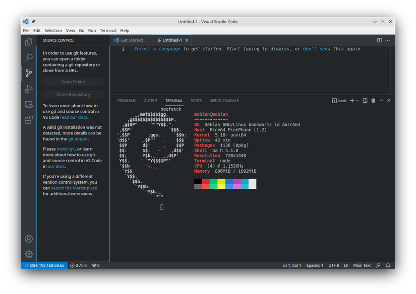 VS Code with a remote session to a PinePhone, showing system information in a terminal tab