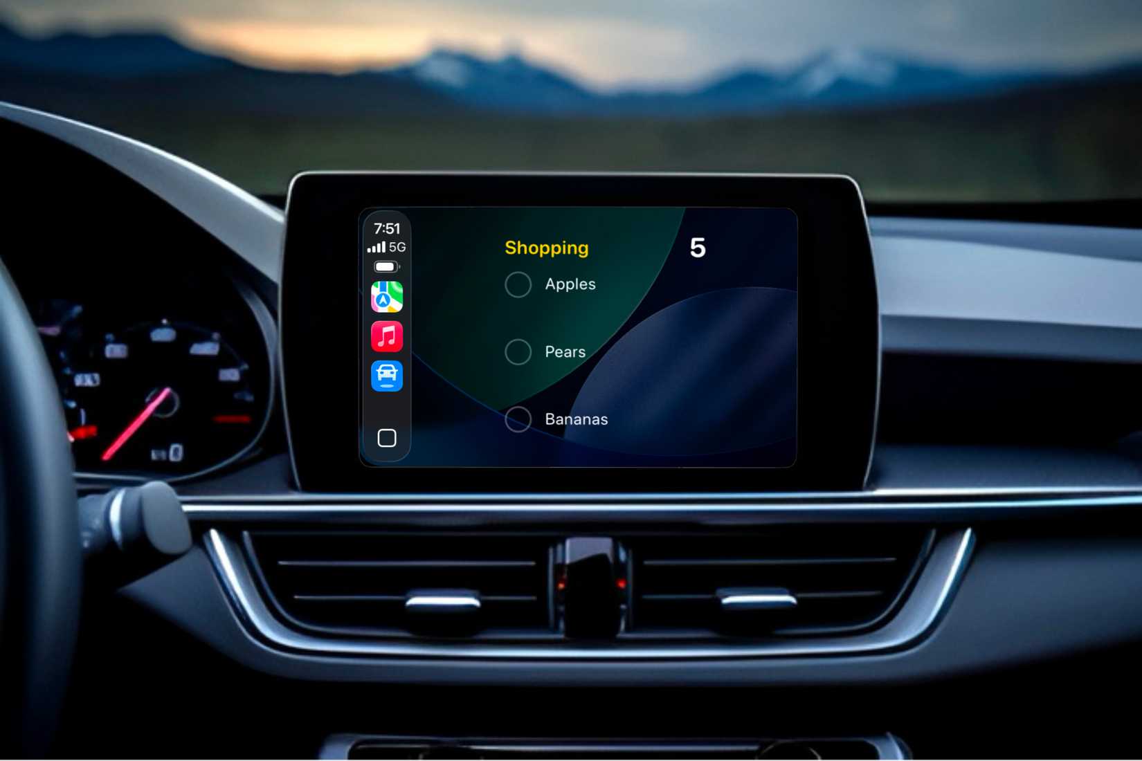Reminders app widget in CarPlay on car dashboard.