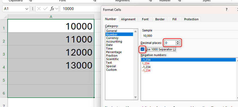 Use 1000 Separator é verificado na caixa de diálogo Células do Formato do Excel e a opção Decimal Places é alterada para zero.