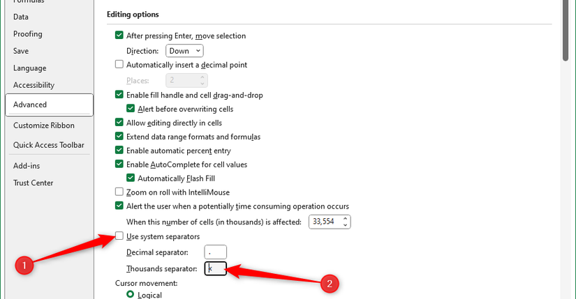 O uso dos separadores do sistema está desmarcado na caixa de diálogo Opções do Excel e 'X' é digitado como o separador de milhares alternativos.