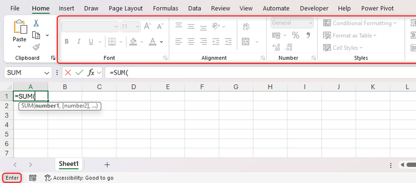 Várias ferramentas na fita do Excel não estão disponíveis porque o modo Enter é ativado.