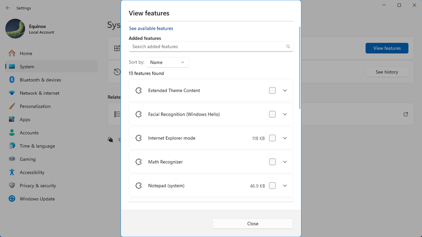 Veja a lista de recursos opcionais no aplicativo Configurações.