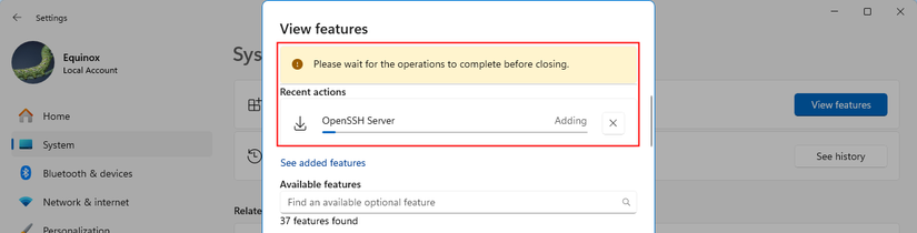 Esperando enquanto os recursos são instalados.