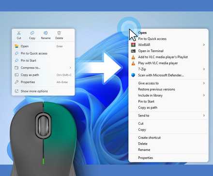 Windows 11 simplified right-click context menu on the left and the restored full classic context menu on the right, with the mouse right button highlighted.