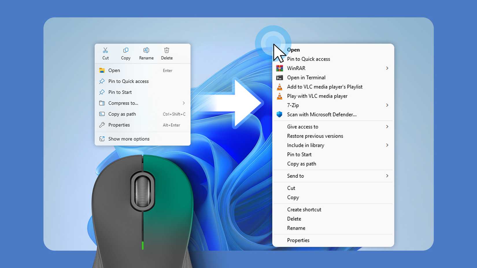 Windows 11 simplified right-click context menu on the left and the restored full classic context menu on the right, with the mouse right button highlighted.