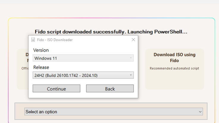 A screenshot of the Flyoobe installation where Fido automatically downs the correct ISO file from Microsoft's server.