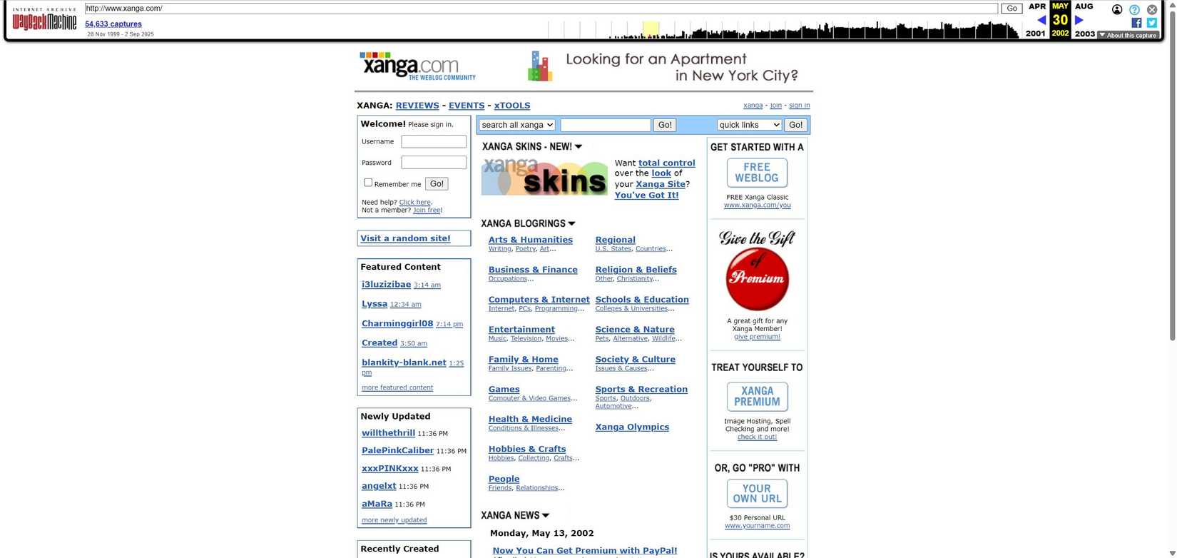 Um instantâneo do site Xanga.