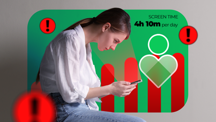 Young woman hunched over looking at her phone, with Android Digital Wellbeing screen time stats showing 4h 10m per day in the background, surrounded by red warning symbols.