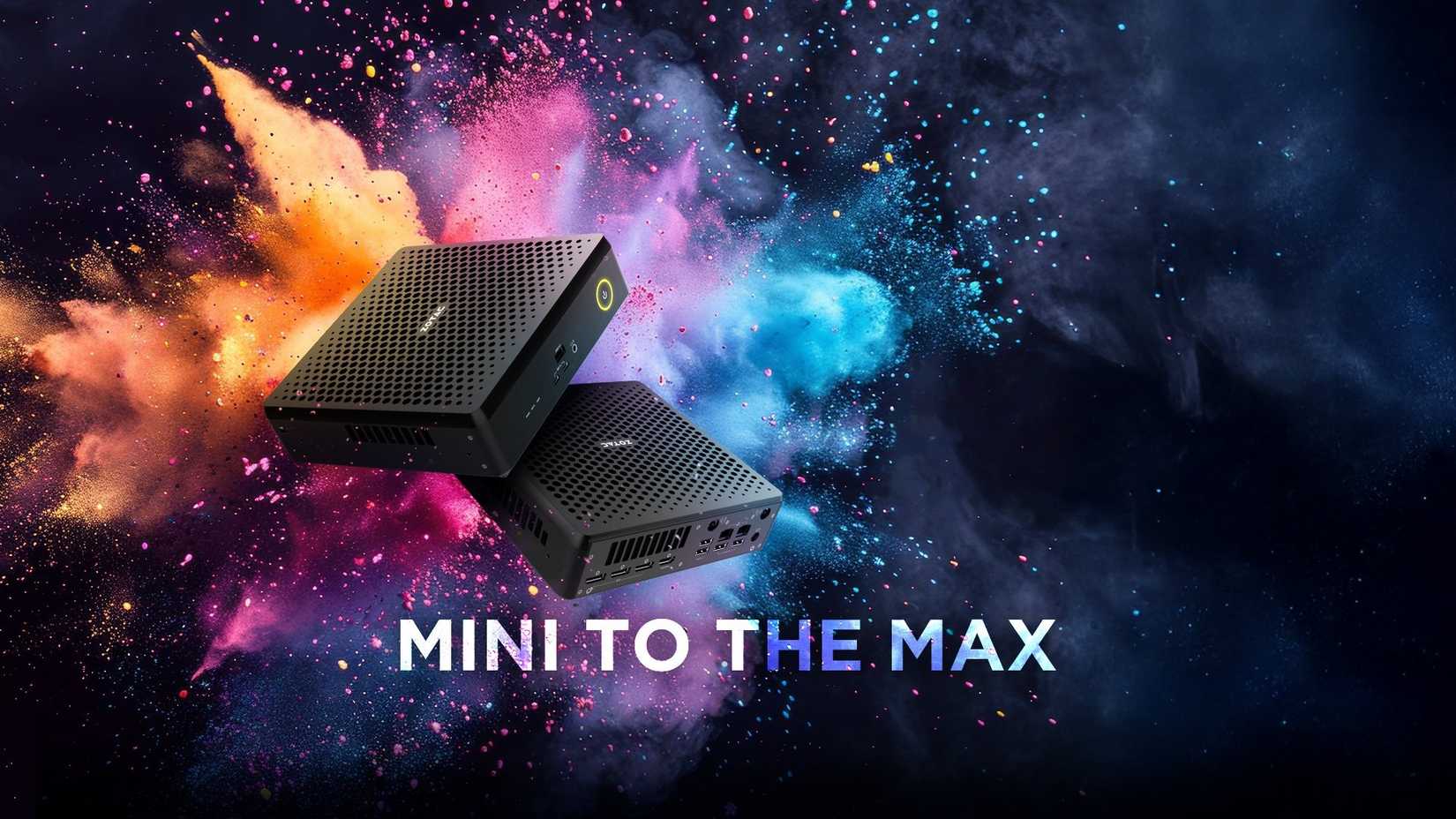 The ZOTAC MANGUS Mini PC on a colorful background with the words Mini to the Max.