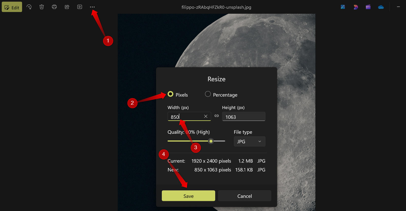 Resizing an image using the Photos app.