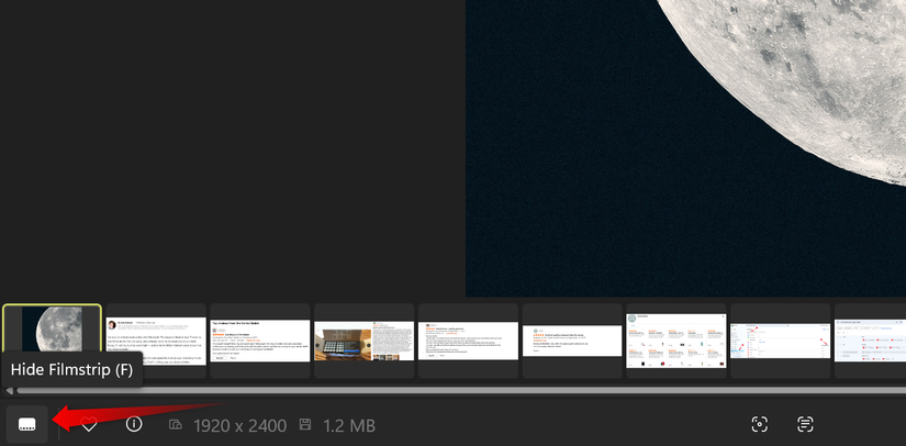 Enabling the filmstrip view to find an image using thumbnails in the Photos app.