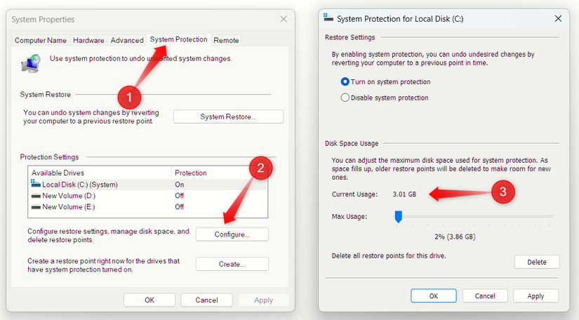 Windows features secretly eating up your storage: How to reclaim GBs now 1 Checking the space consumed by System Restore in Windows.