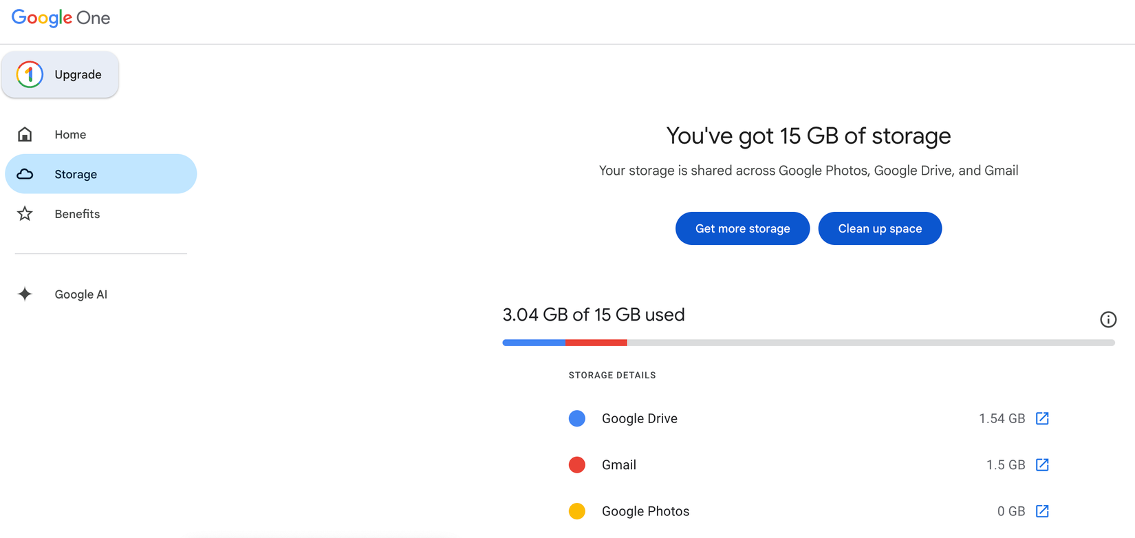 Google One Storage page showing space consumed by different Google services.