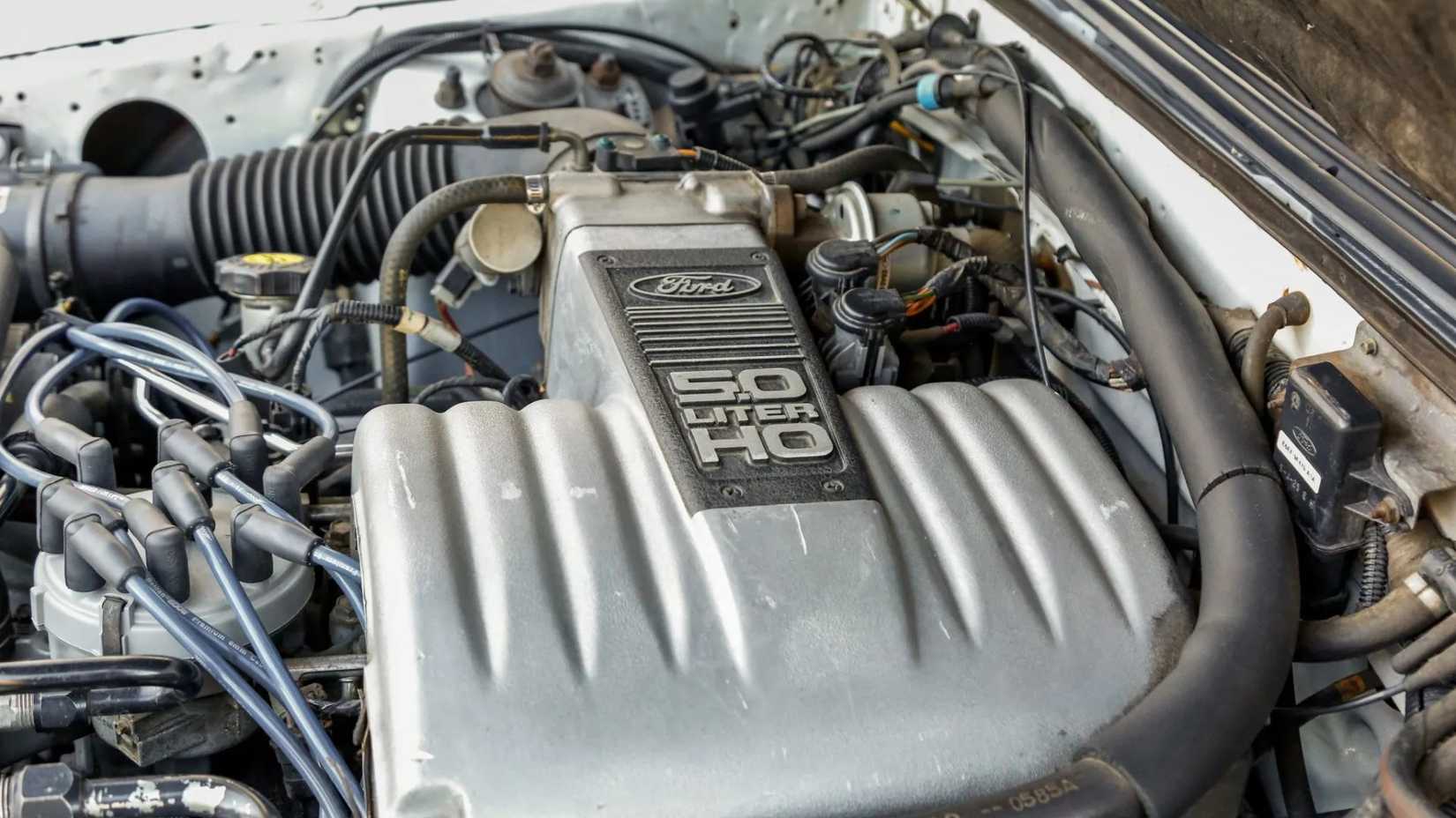 Gros plan sous le capot d'une Ford Mustang 1986 équipée d'un moteur de 5,0 litres.