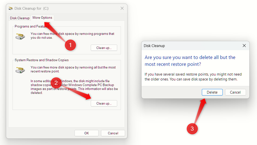Excluindo todos os pontos de restauração, exceto o mais recente, usando a Limpeza de disco no Windows.