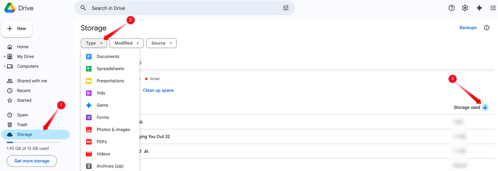 Google Drive showing data consumed by files.