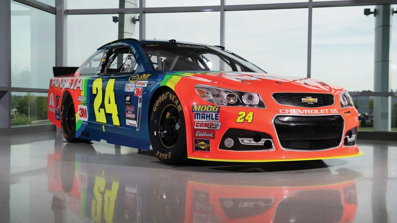 Static front 3/4 shot of a 2014 Chevrolet SS Nascar.