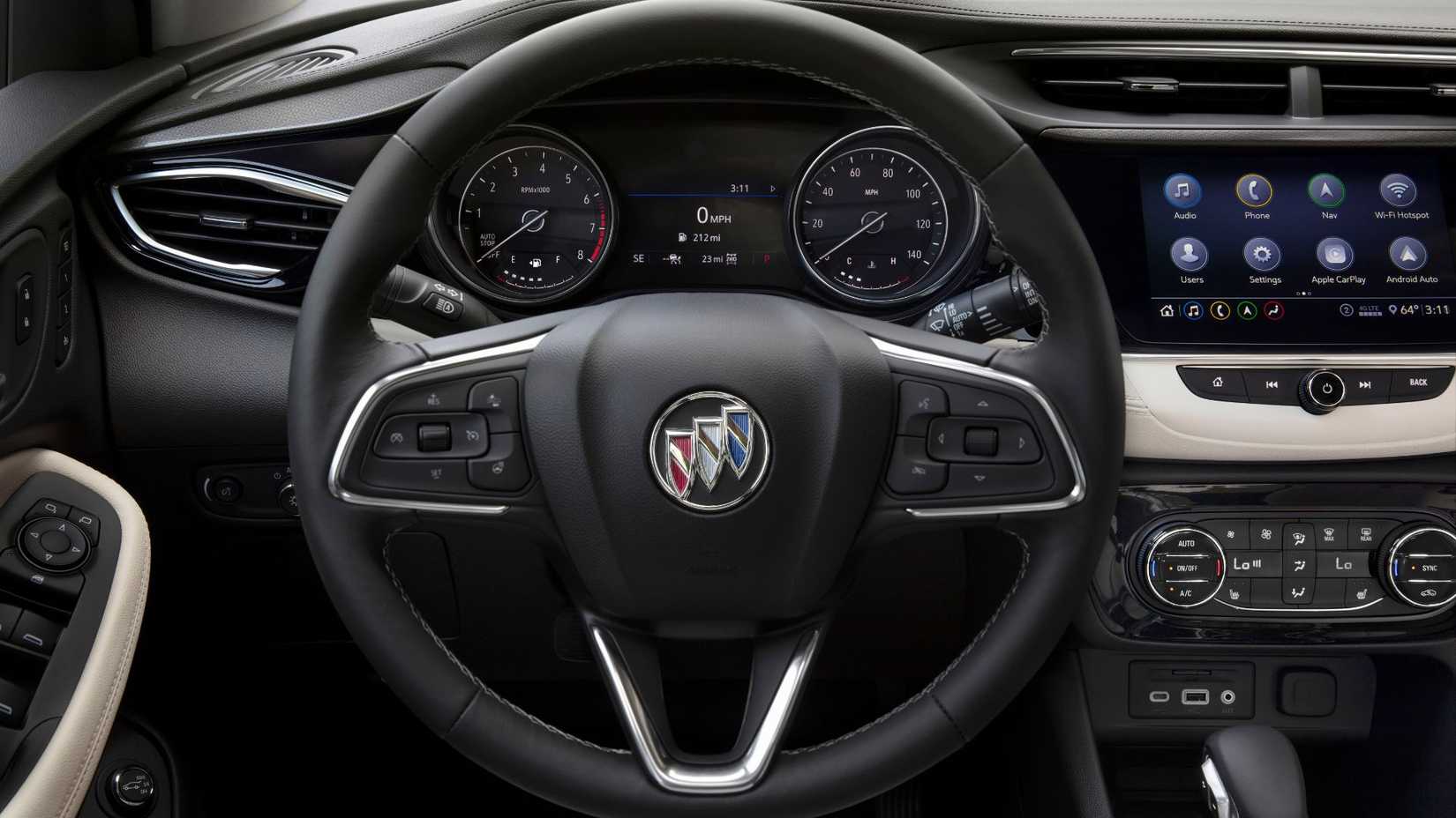 Close-up shot of the steering wheel in a 2020 Buick Encore GX.