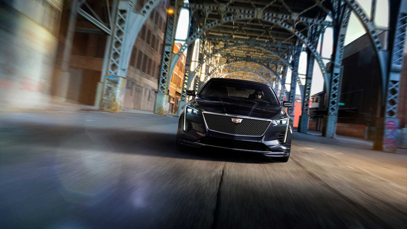 Dynamic front-end shot of a black 2020 Cadillac CT6-V.