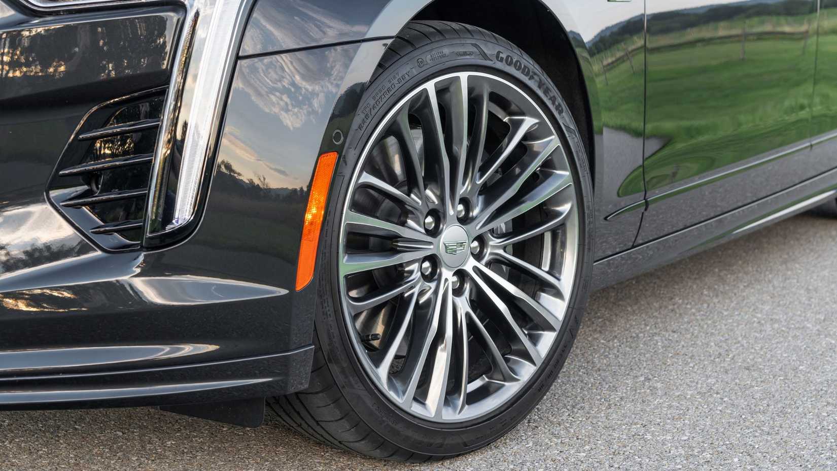 Close-up shot of the alloy wheel on a black 2020 Cadillac CT6-V.