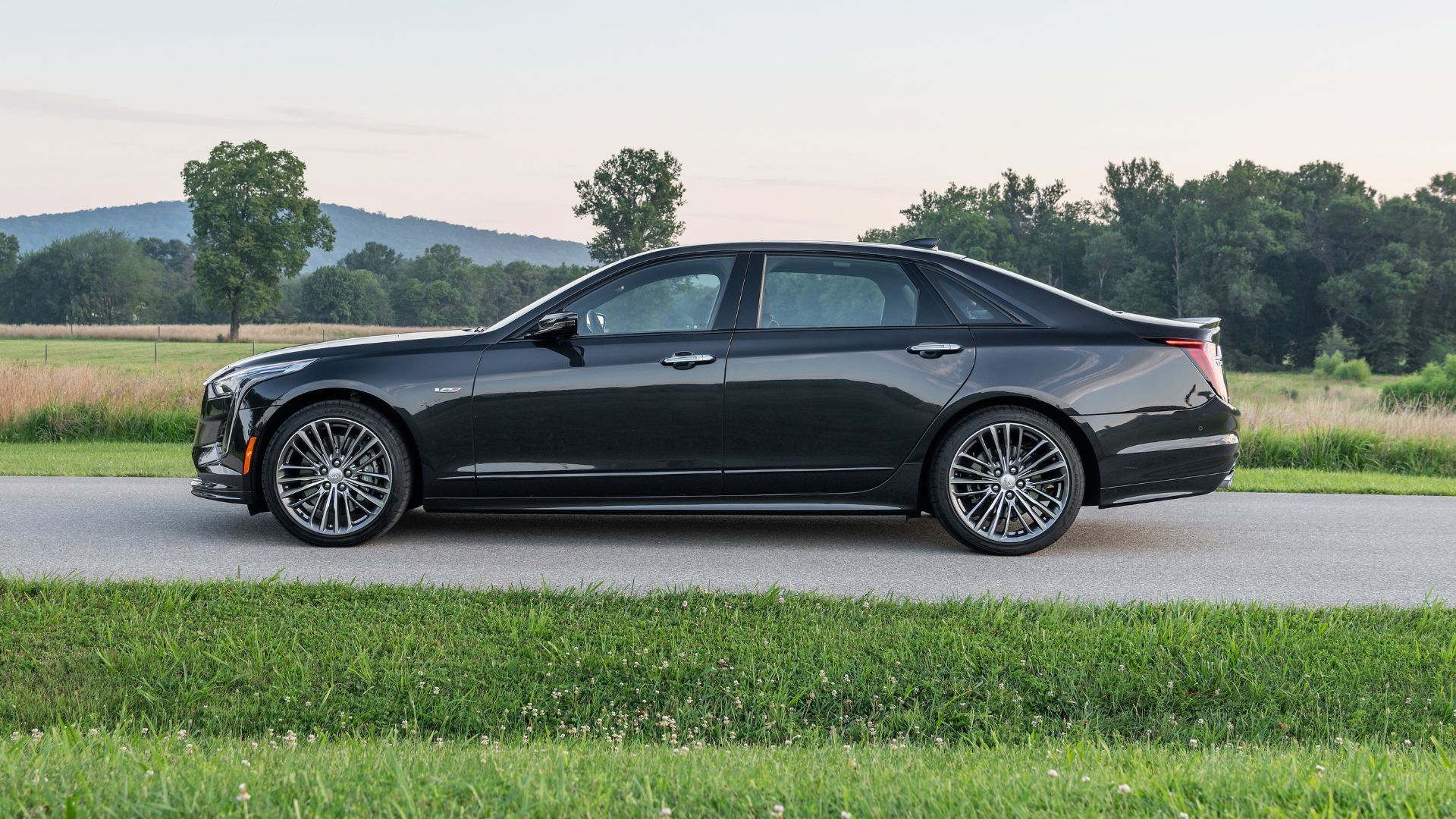 Side profile shot of a black 2020 Cadillac CT6-V.