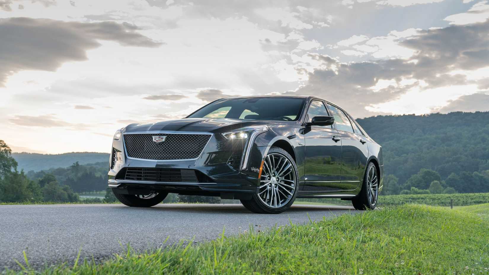 Static front 3/4 shot of a black 2020 Cadillac CT6-V.
