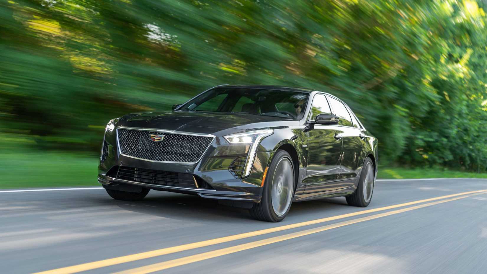 Dynamic front 3/4 shot of a black 2020 Cadillac CT6-V.