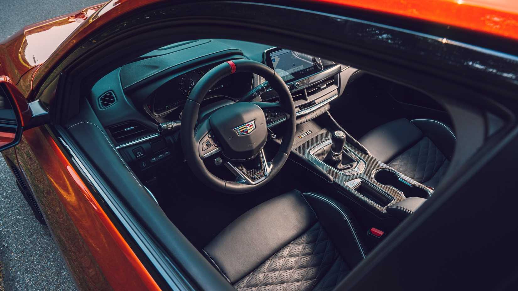 Interior shot of the front seats in a 2022 Cadillac CT4-V Blackwing