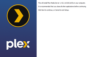 A screenshot of the Plex Media Server installation welcome dialog