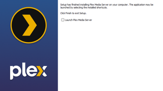 A screenshot of the Plex Media Serve installation dialog, letting the user know the install is complete.